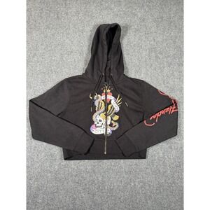 Ed Hardy Cropped Hoodie Womens XL Black New York City Skull Eagle Snake Y2K